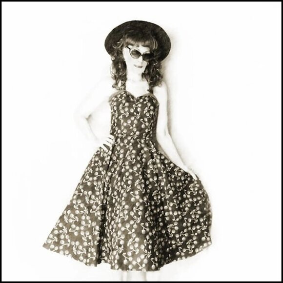 50s STYLE Sun Dress Black Cherry Print PinUp  Fit Flare Halter is 90s Vintage - Picture 7 of 12